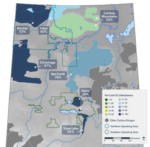 Map of caribou ranges in Alberta.